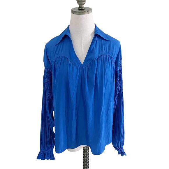 Ramy Brook Blue Balloon Sleeve Blouse Size XS EUC Collar V-Neck - Picture 4 of 13